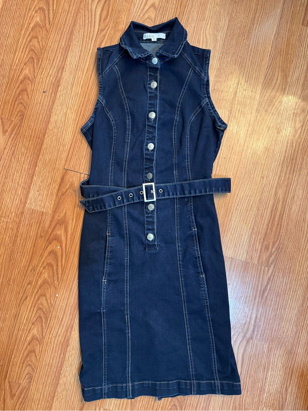 Collared Dark Blue Denim Button-Front Dress with Belt